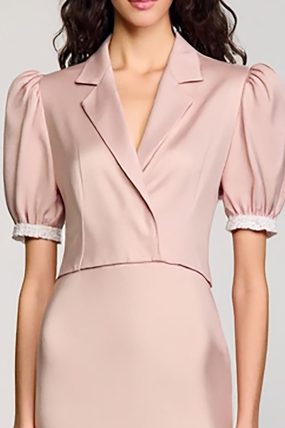 Pink Notched Lapel Backless Wedding Guest Dress with Puff Sleeves