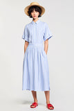 Blue Striped A Line Lapel Midi Wedding Guest Dress
