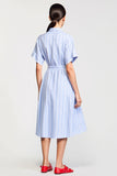 Blue Striped A Line Lapel Midi Wedding Guest Dress