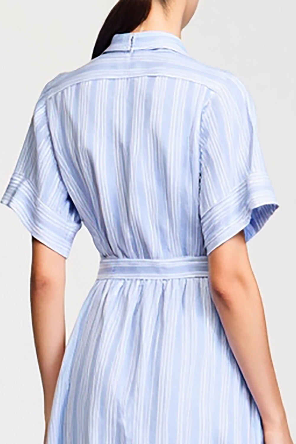 Blue Striped A Line Lapel Midi Wedding Guest Dress
