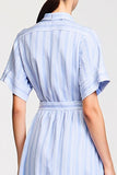 Blue Striped A Line Lapel Midi Wedding Guest Dress