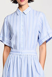 Blue Striped A Line Lapel Midi Wedding Guest Dress