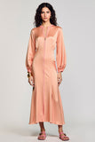 Dusty Rose Long Sleeve Tea Length Wedding Guest Dress