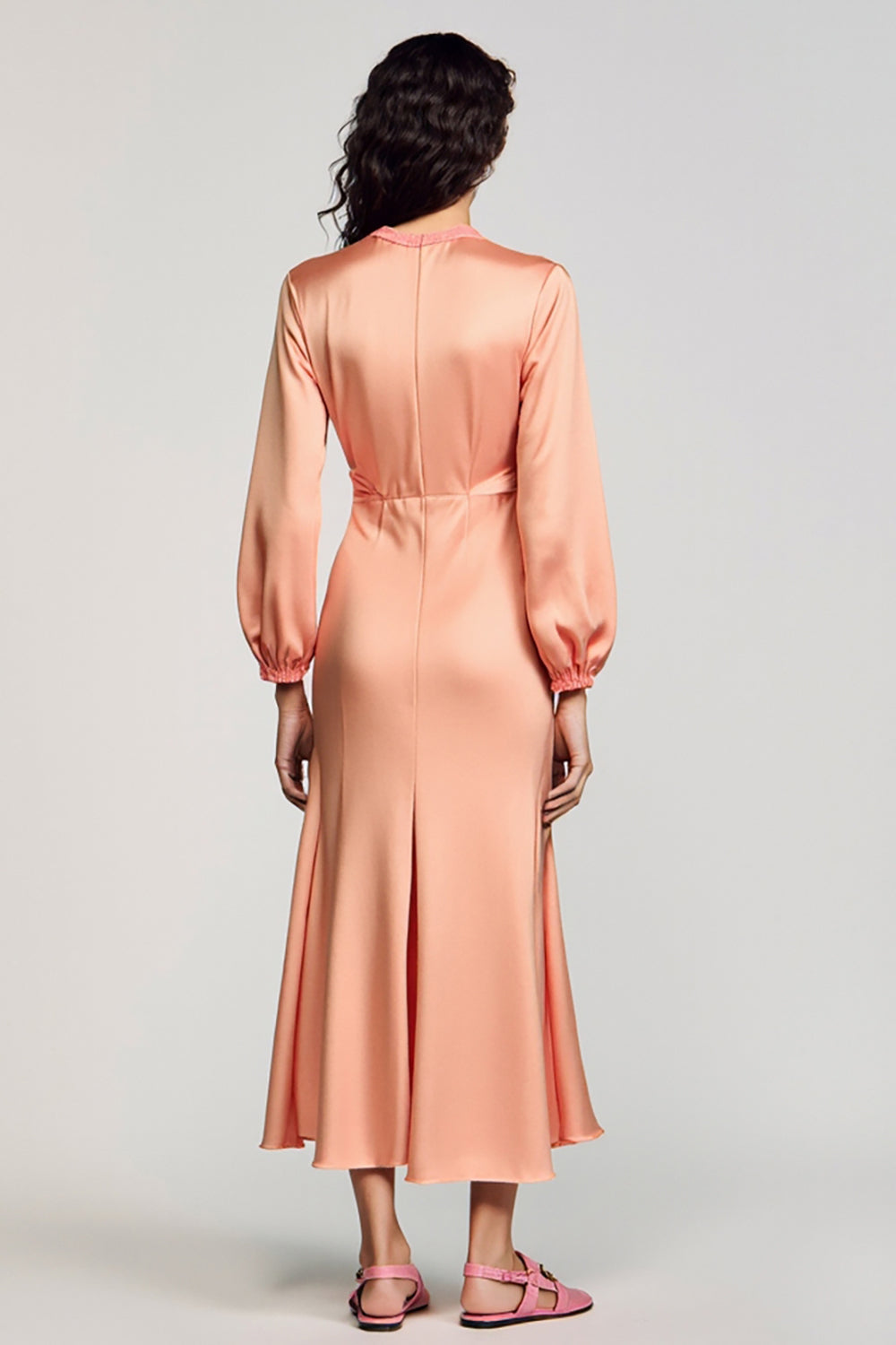 Dusty Rose Long Sleeve Tea Length Wedding Guest Dress