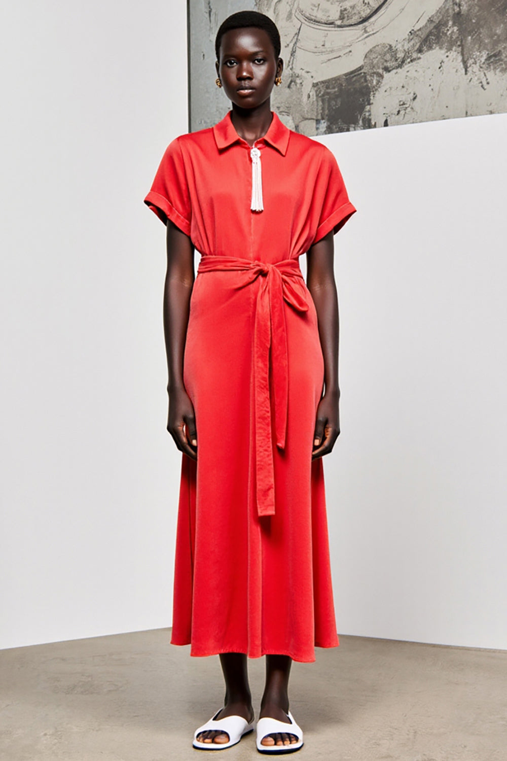 Red Lapel Belt Tea Length Wedding Guest Dress with Short Sleeves