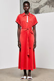 Red Lapel Belt Tea Length Wedding Guest Dress with Short Sleeves