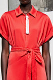 Red Lapel Belt Tea Length Wedding Guest Dress with Short Sleeves