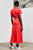 Red Lapel Belt Tea Length Wedding Guest Dress with Short Sleeves