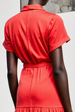 Red Lapel Belt Tea Length Wedding Guest Dress with Short Sleeves