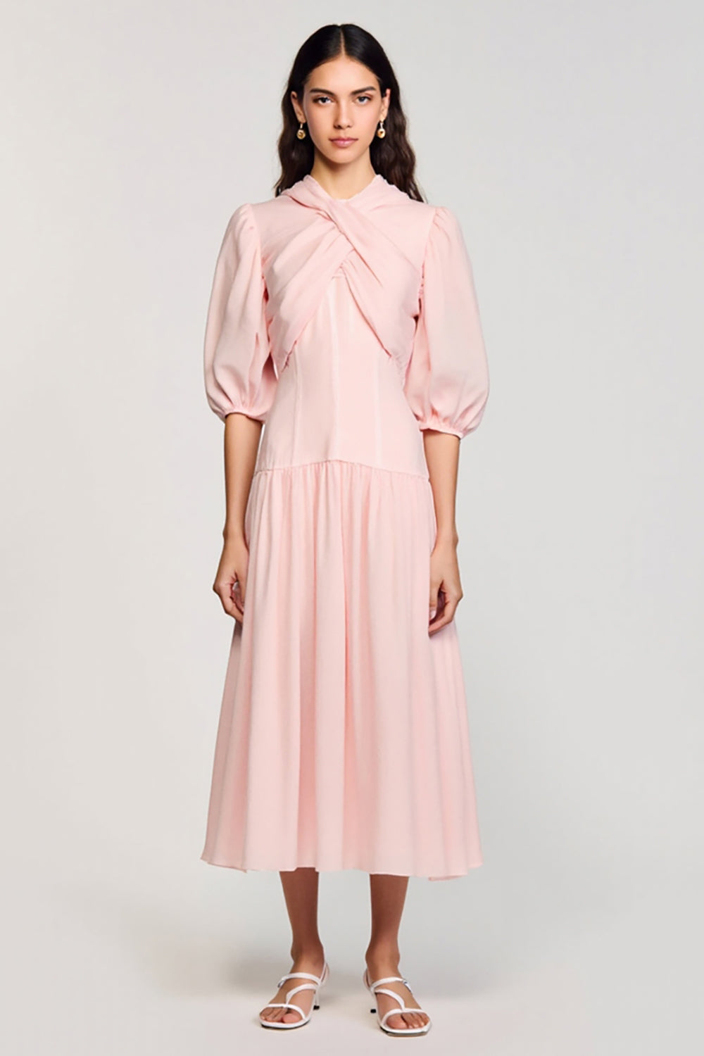 Pink A Line Puff Sleeve Cut Out Wedding Guest Dress