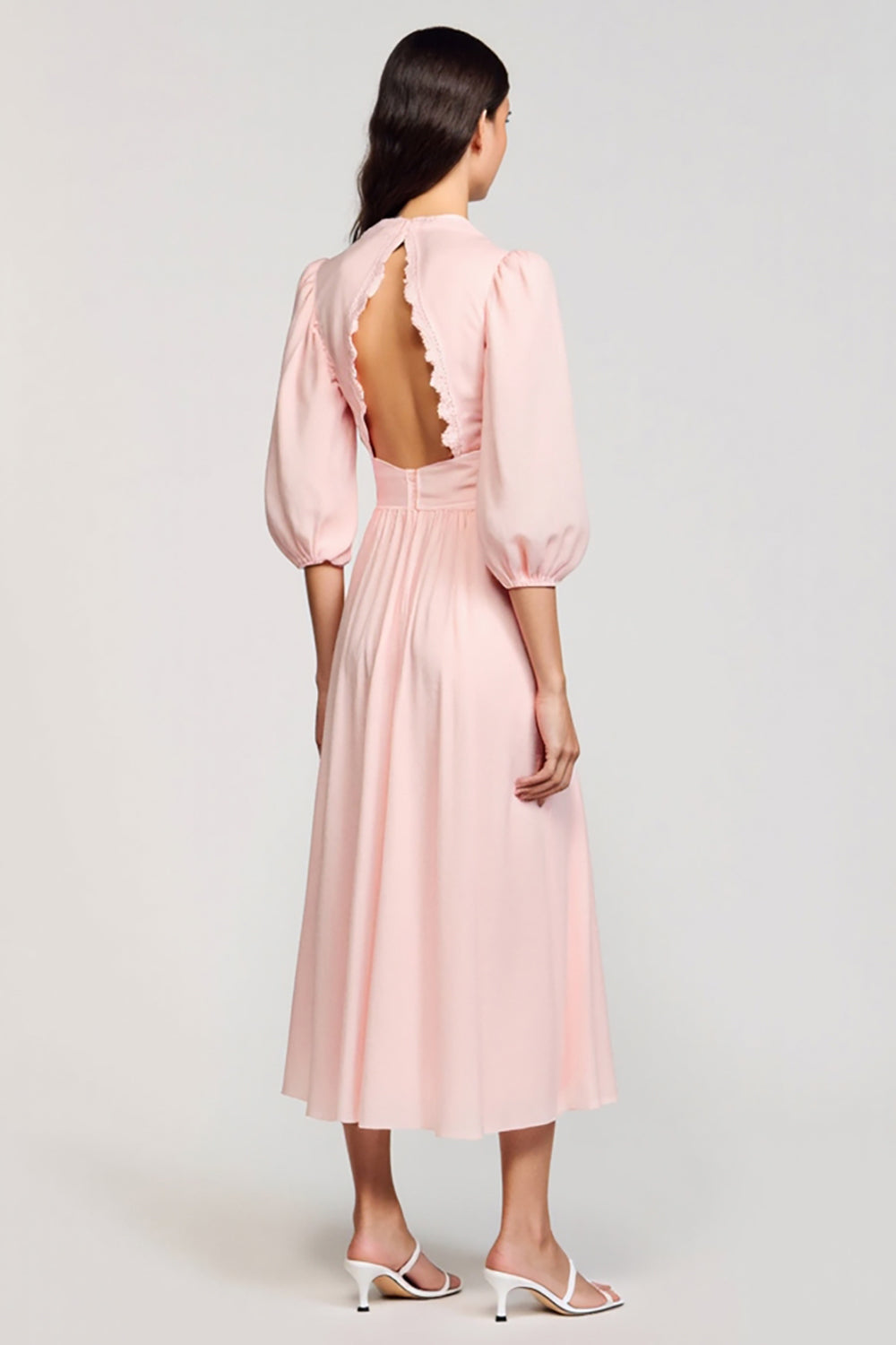 Pink A Line Puff Sleeve Cut Out Wedding Guest Dress