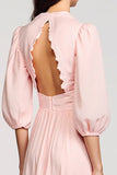 Pink A Line Puff Sleeve Cut Out Wedding Guest Dress
