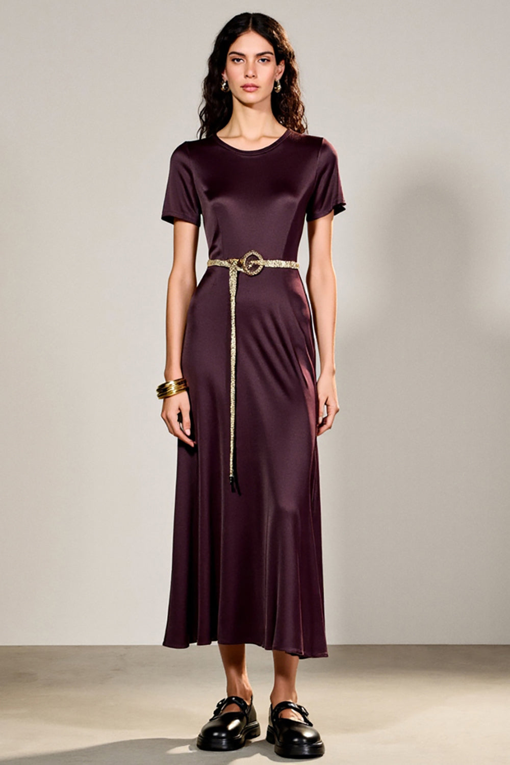 Plum A Line Short Sleeve Tea Length Wedding Guest Dress with Belt