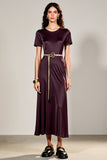 Plum A Line Short Sleeve Tea Length Wedding Guest Dress with Belt