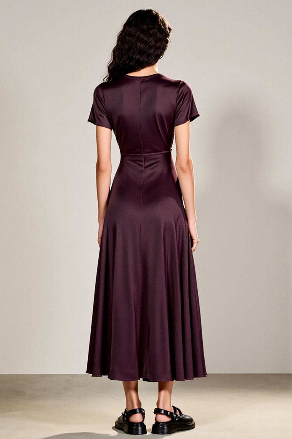 Plum A Line Short Sleeve Tea Length Wedding Guest Dress with Belt
