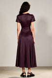 Plum A Line Short Sleeve Tea Length Wedding Guest Dress with Belt