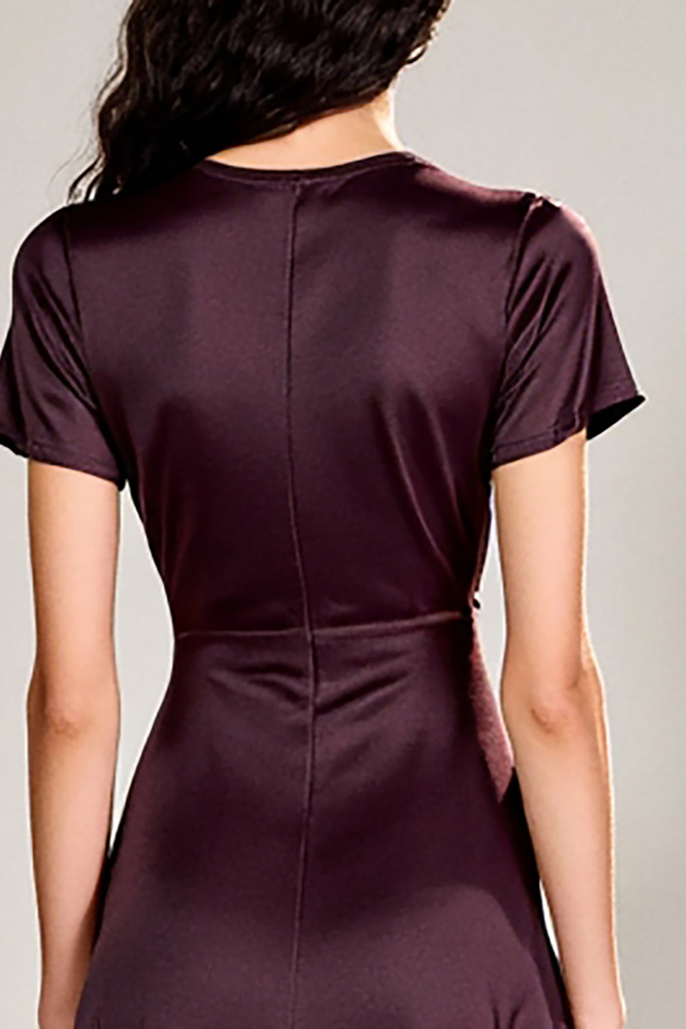 Plum A Line Short Sleeve Tea Length Wedding Guest Dress with Belt