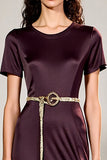 Plum A Line Short Sleeve Tea Length Wedding Guest Dress with Belt