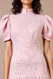 Floral Pink High Neck A Line Midi Wedding Guest Dress with Puff Sleeves
