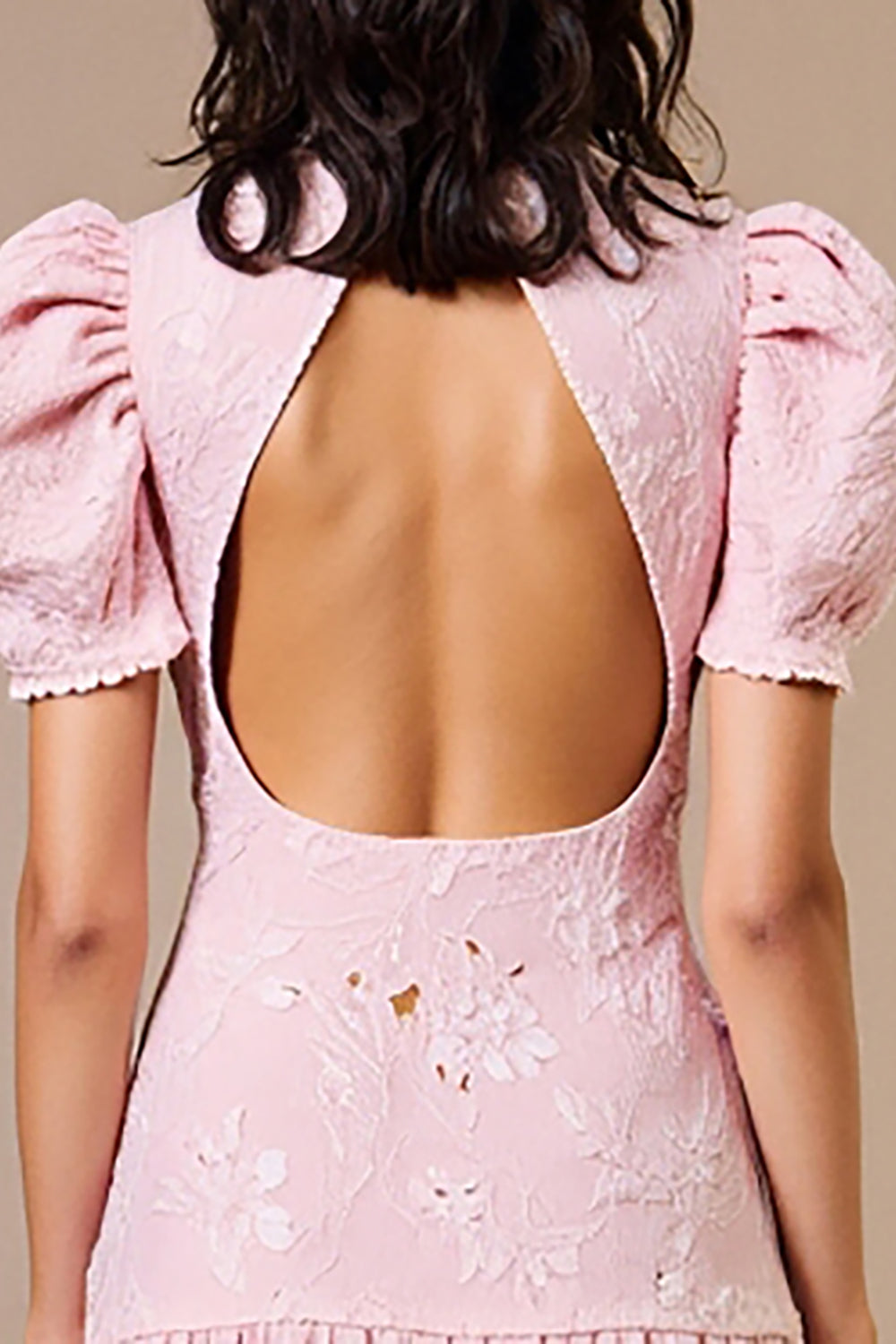 Floral Pink High Neck A Line Midi Wedding Guest Dress with Puff Sleeves