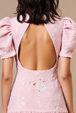 Floral Pink High Neck A Line Midi Wedding Guest Dress with Puff Sleeves