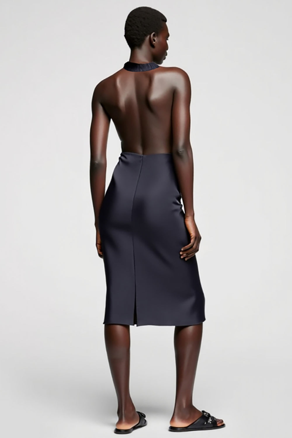 Black Halter Satin Backless Midi Wedding Guest Dress