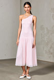 One Shoulder A Line Pink Midi Wedding Guest Dress
