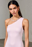 One Shoulder A Line Pink Midi Wedding Guest Dress