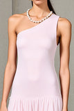 One Shoulder A Line Pink Midi Wedding Guest Dress