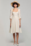 Ivory Square Neck A Line Midi Wedding Guest Dress with Half Sleeves