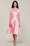 Pink Satin A Line Midi Wedding Guest Dress with Puff Sleeves