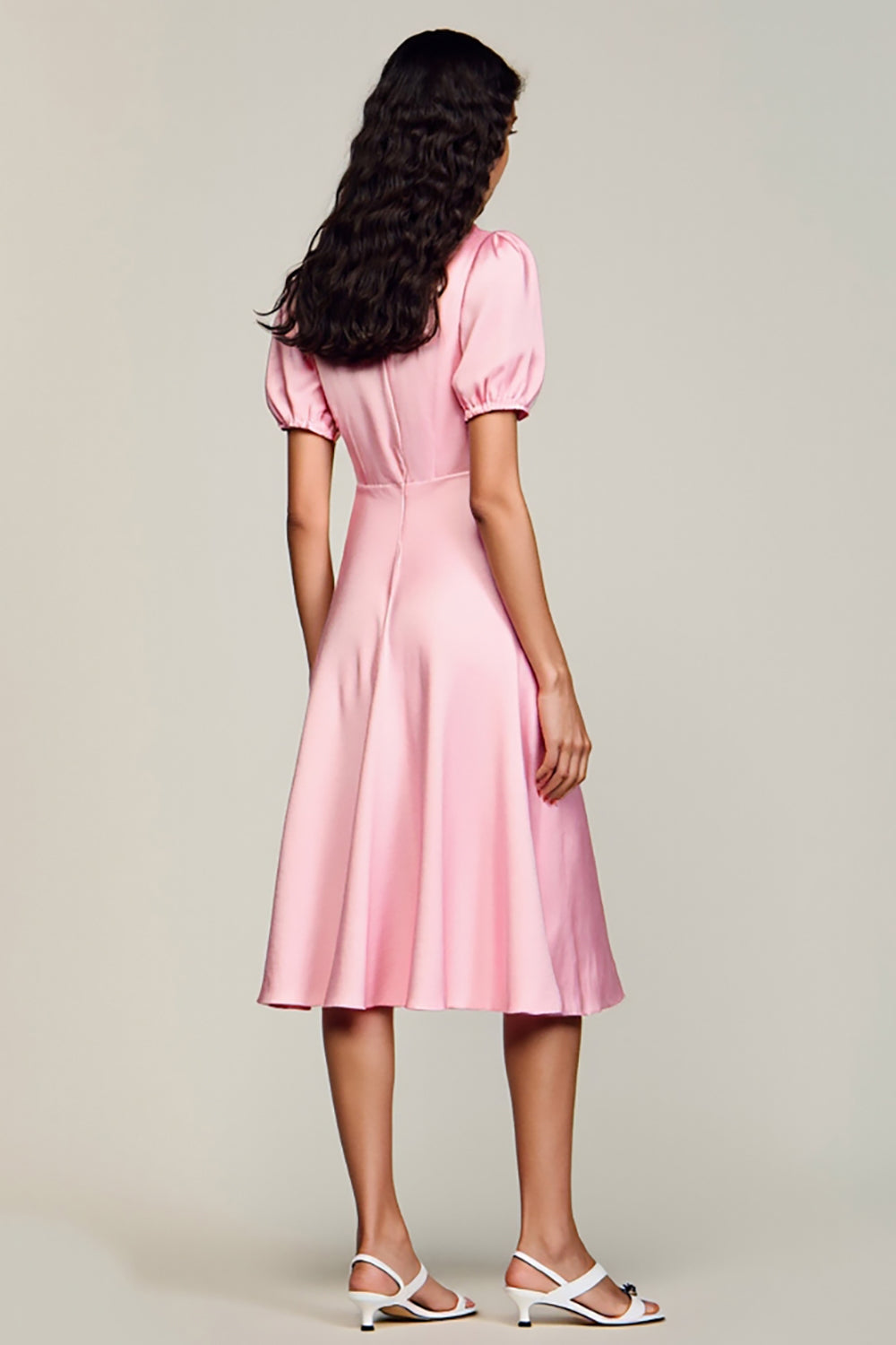 Pink Satin A Line Midi Wedding Guest Dress with Puff Sleeves