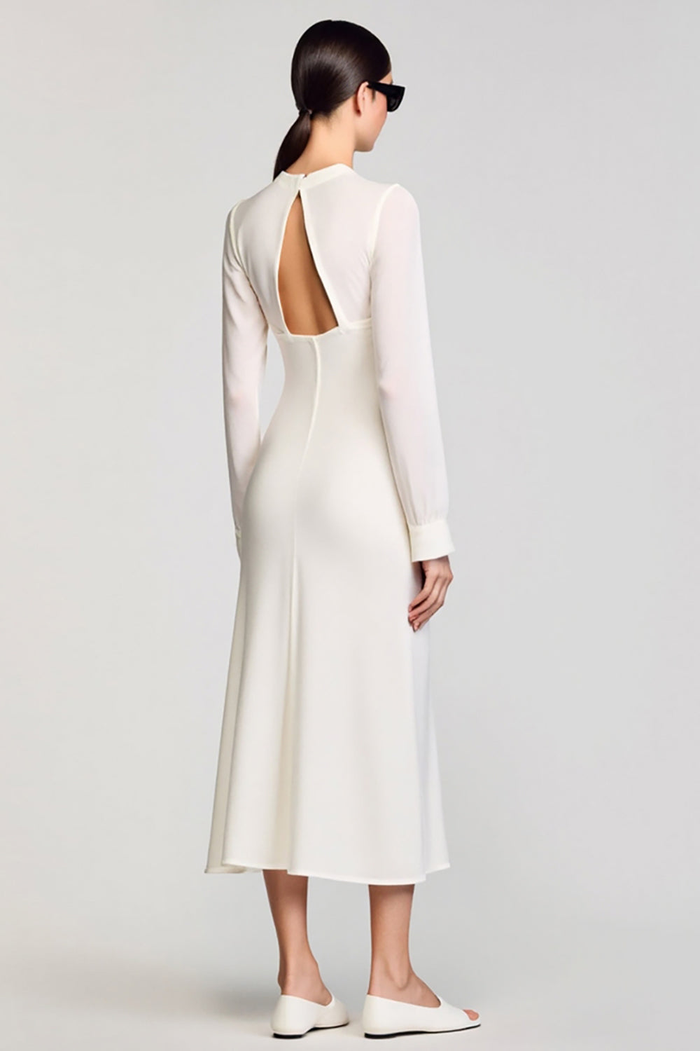 White Cut Out Sheath Long Sleeve Wedding Guest Dress