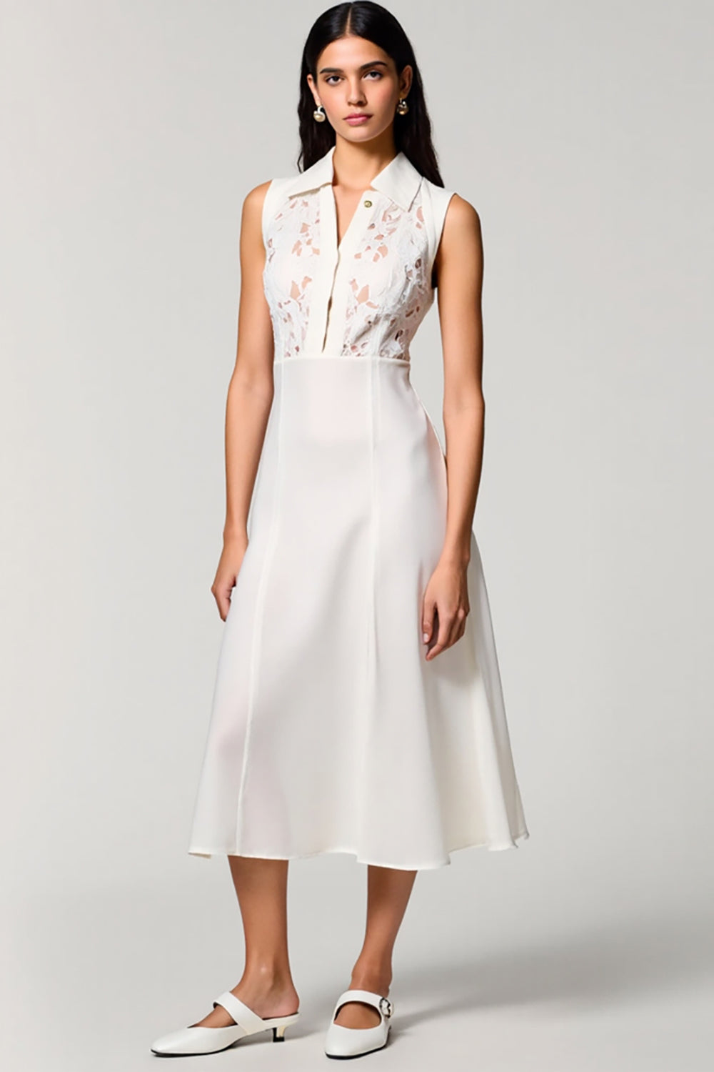 White A Line Polo Collar Lace Midi Wedding Guest Dress
