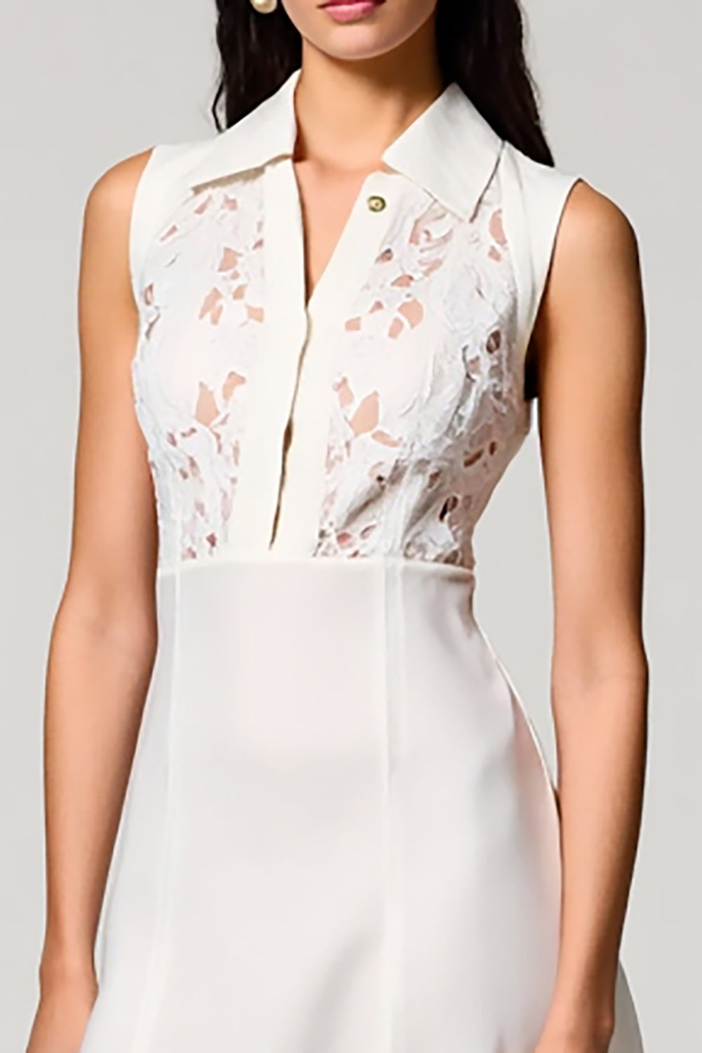 White A Line Polo Collar Lace Midi Wedding Guest Dress