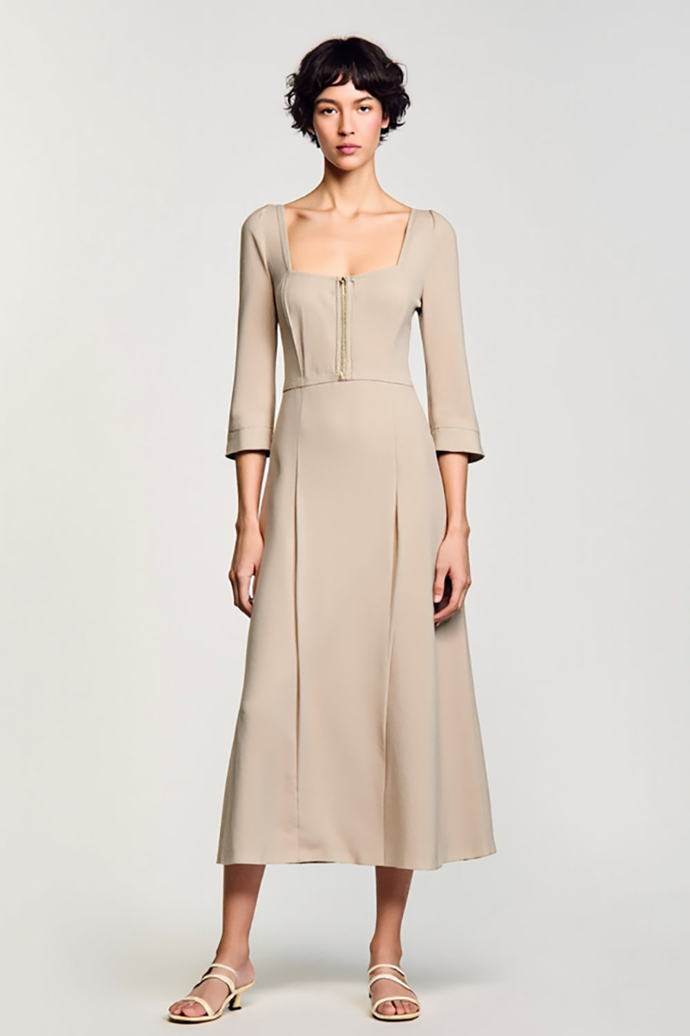 Apricot A Line Square Neck 3/4 Sleeves Wedding Guest Dress