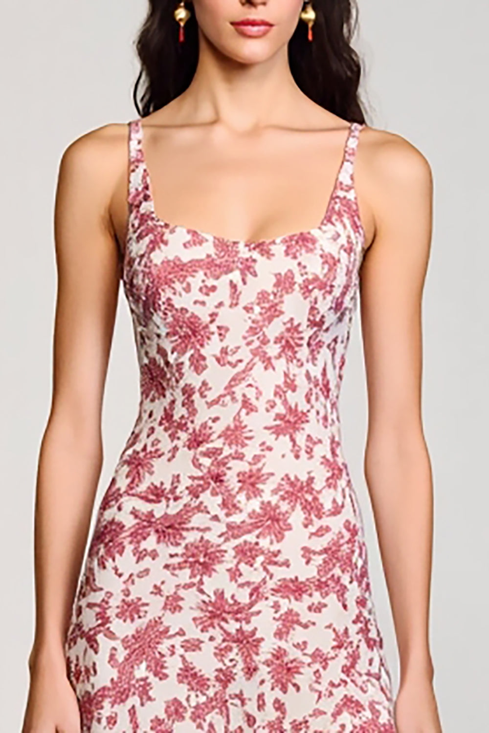 Red Floral Square Neck A Line Wedding Guest Dress
