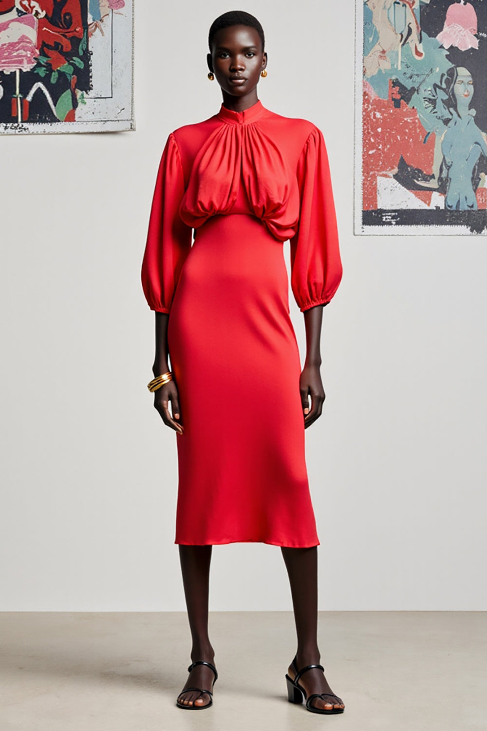 Red Sheath 3/4 Sleeve Midi Wedding Guest Dress