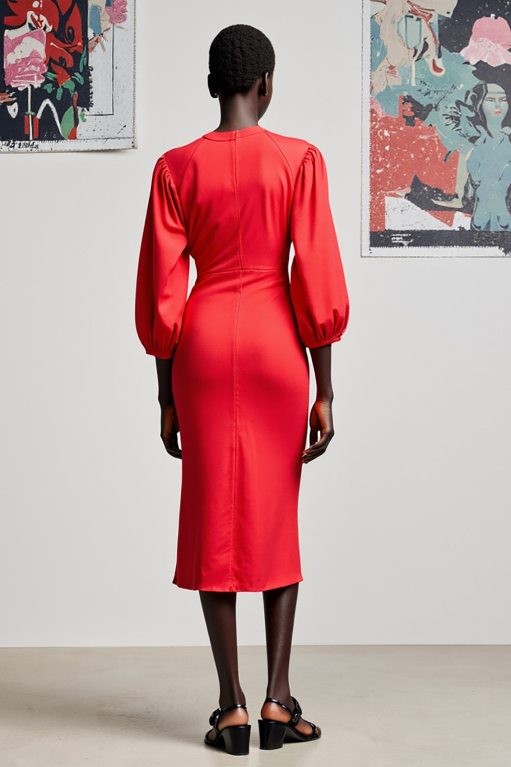 Red Sheath 3/4 Sleeve Midi Wedding Guest Dress