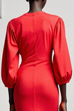 Red Sheath 3/4 Sleeve Midi Wedding Guest Dress