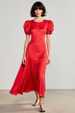 Red A Line Satin Puff Sleeve Wedding Guest Dress