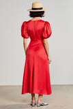 Red A Line Satin Puff Sleeve Wedding Guest Dress