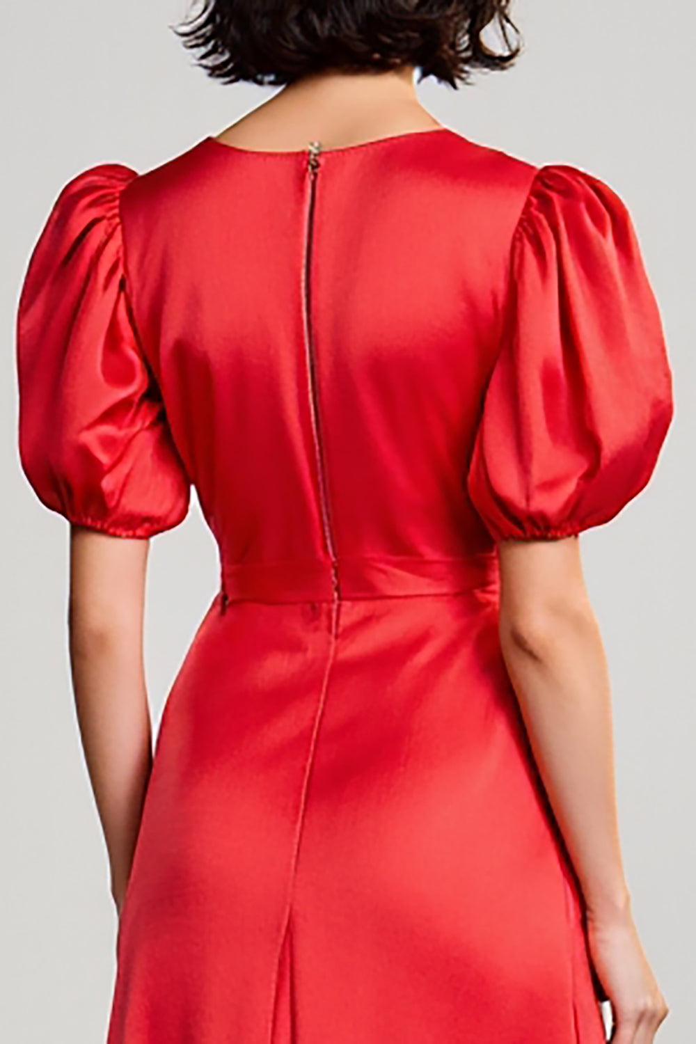 Red A Line Satin Puff Sleeve Wedding Guest Dress