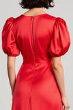 Red A Line Satin Puff Sleeve Wedding Guest Dress