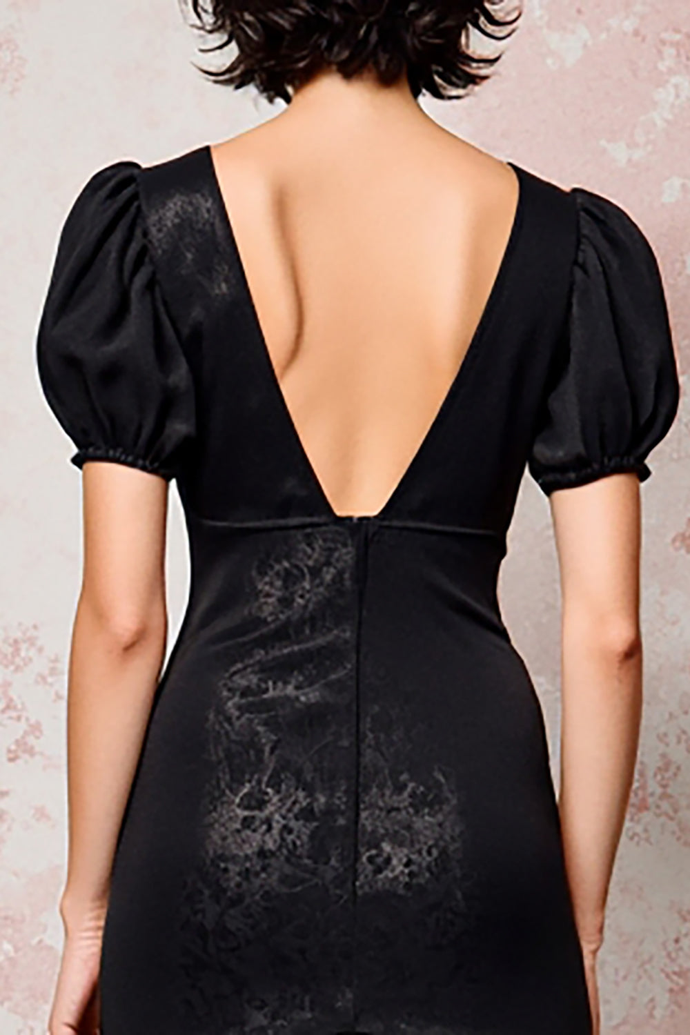 Black A Line Lace Puff Sleeve Wedding Guest Dress
