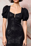 Black A Line Lace Puff Sleeve Wedding Guest Dress