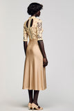 Champagne Lace Half Sleeve Midi Wedding Guest Dress
