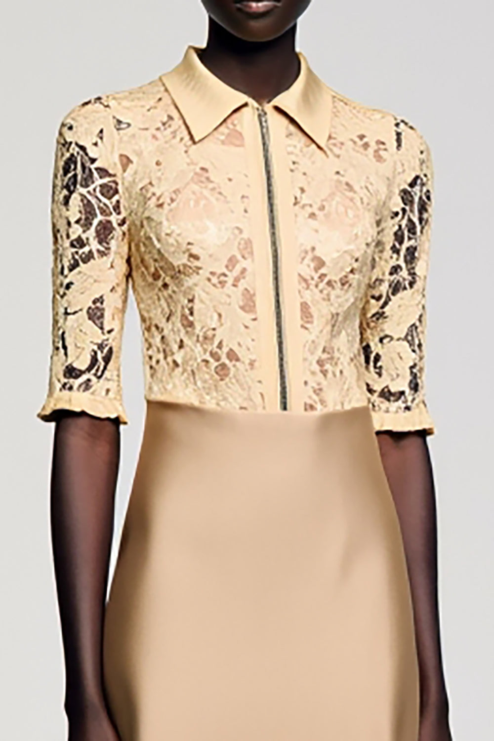 Champagne Lace Half Sleeve Midi Wedding Guest Dress