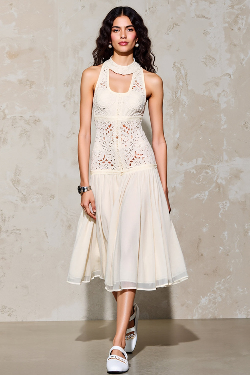 Ivory Lace A Line Cut Out Wedding Guest Dress