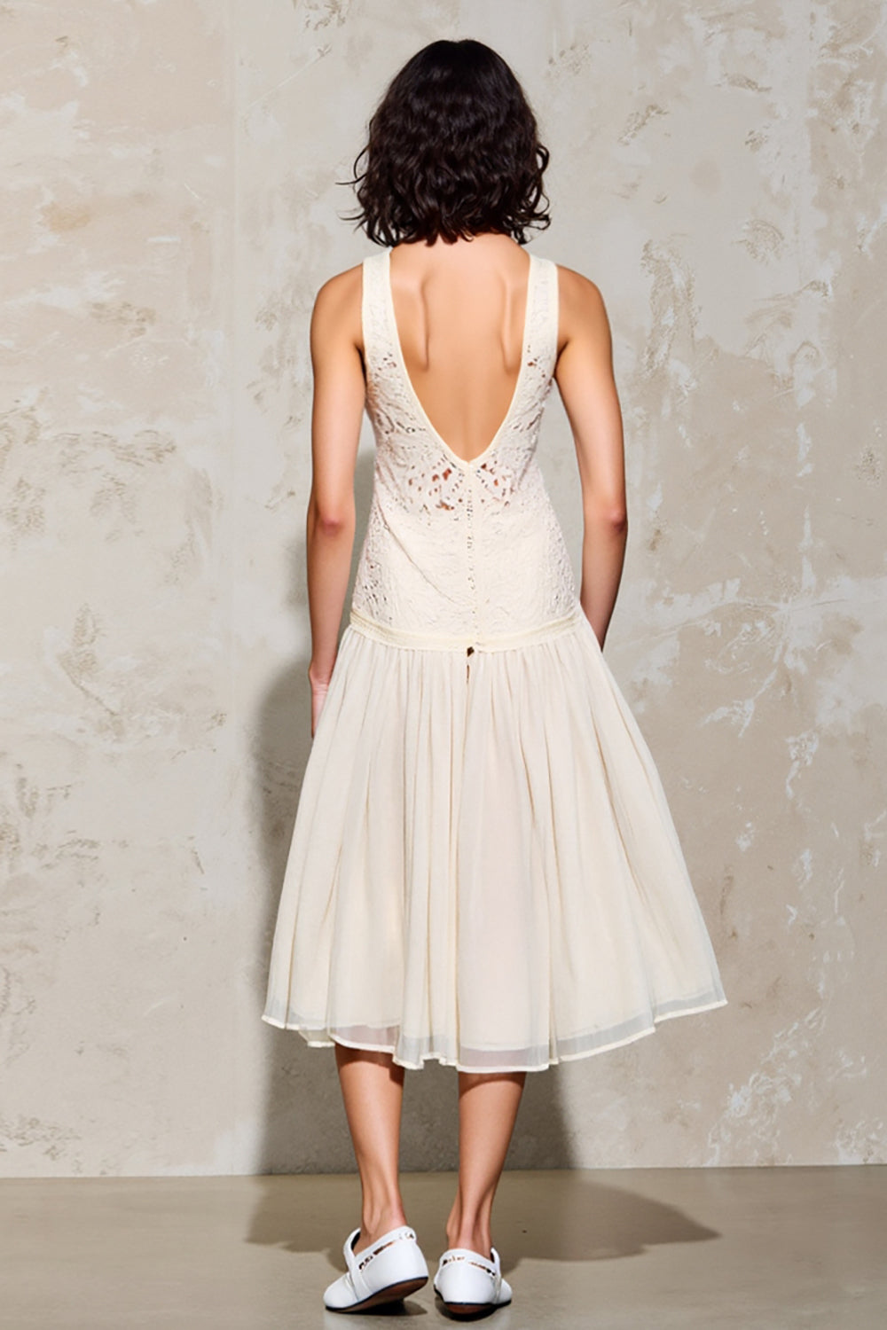 Ivory Lace A Line Cut Out Wedding Guest Dress